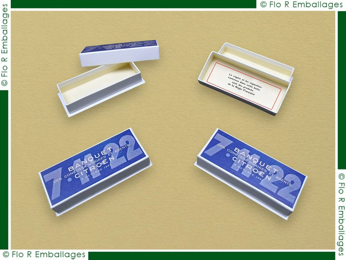 Boîte carton sur-mesure reproduite à l'identique d'un modèle de 1934 pour un gala, respectant fidèlement les techniques et la conception d'origine