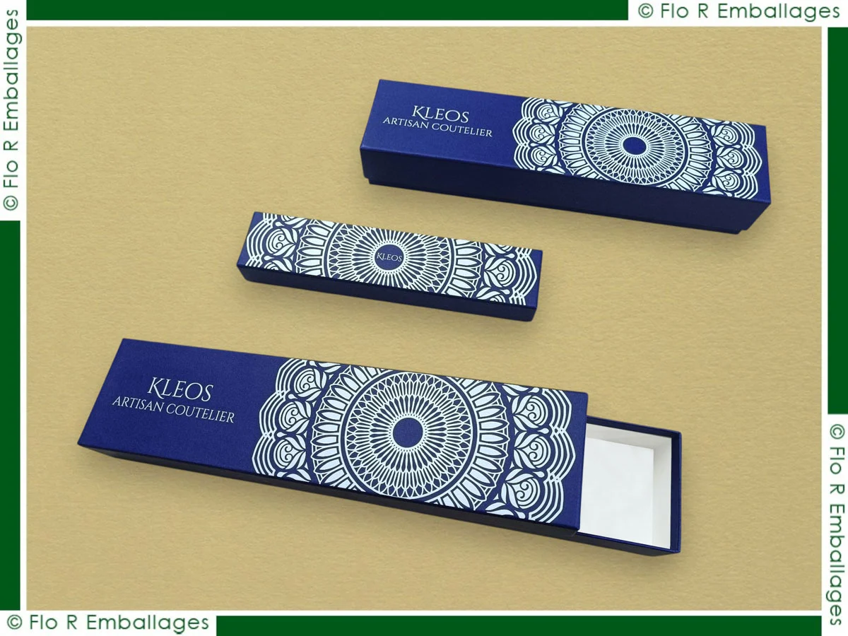 Coffret en carton sur-mesure pour couteaux de cuisine, pliants, de chasse et accessoires de coutellerie comme fusils à aiguiser et étuis