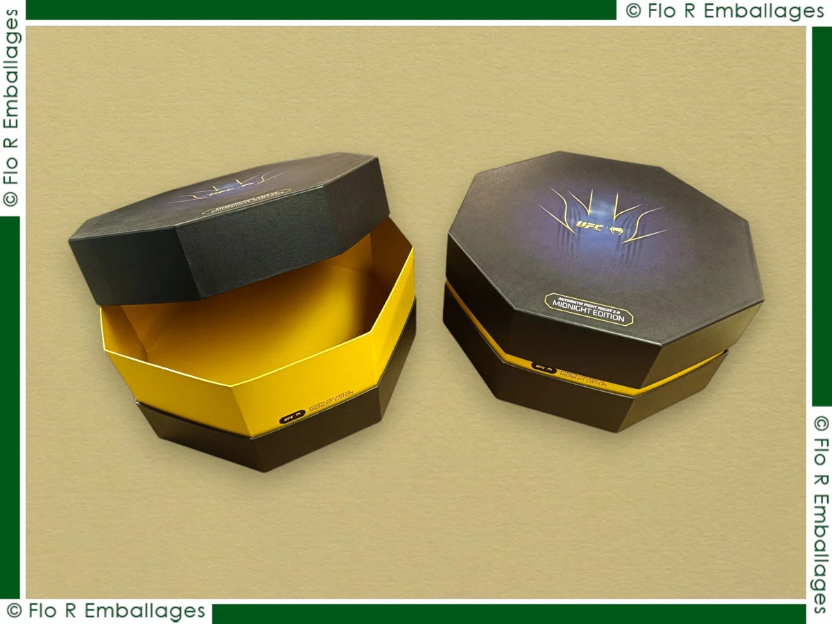 Coffret octogonal rigide en carton avec gorge et impression quadri réalisée en offset HUV