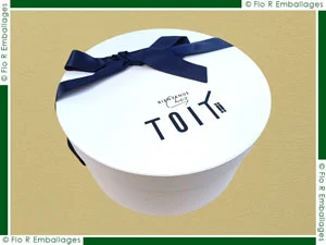 Boîte ronde personnalisée avec ruban satin et impression